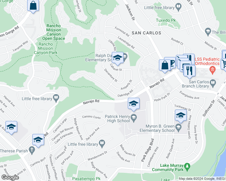 map of restaurants, bars, coffee shops, grocery stores, and more near 6490 Oakridge Road in San Diego
