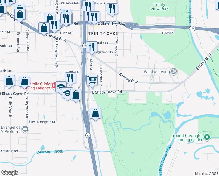 map of restaurants, bars, coffee shops, grocery stores, and more near 1917 East Shady Grove Road in Irving