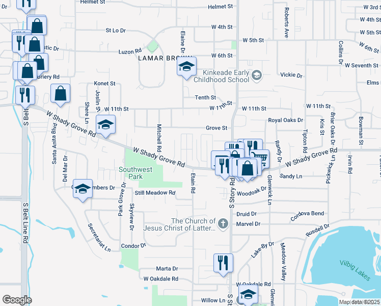 map of restaurants, bars, coffee shops, grocery stores, and more near 1121 Parkrow Place in Irving