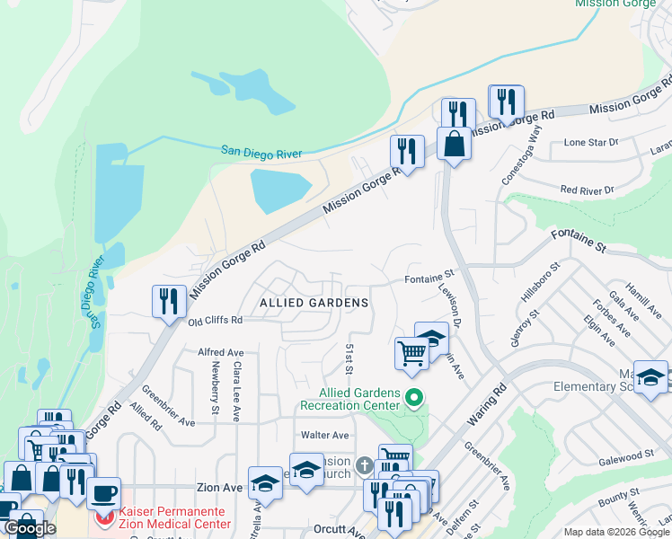 map of restaurants, bars, coffee shops, grocery stores, and more near 5003 Old Cliffs Road in San Diego