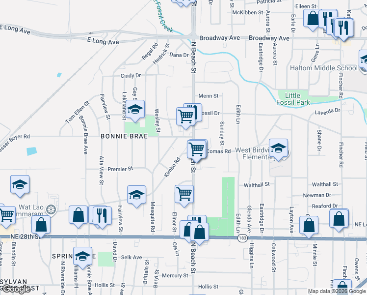 map of restaurants, bars, coffee shops, grocery stores, and more near 3841 Kimbo Road in Fort Worth