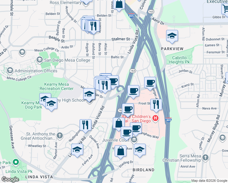 map of restaurants, bars, coffee shops, grocery stores, and more near 7625 Linda Vista Road in San Diego