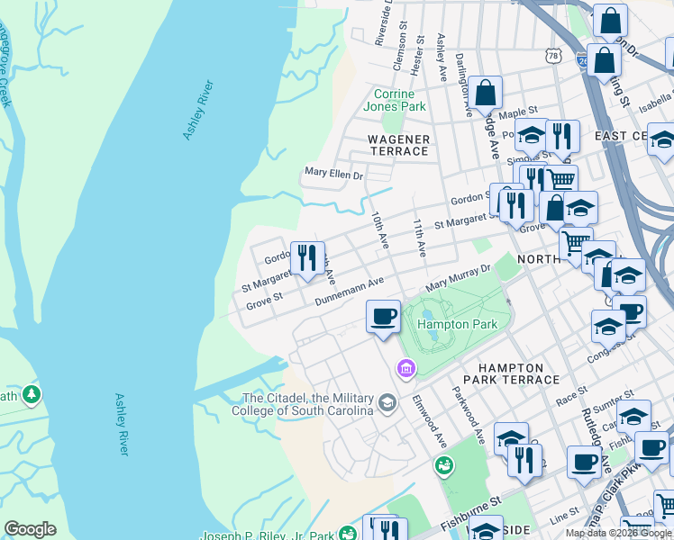 map of restaurants, bars, coffee shops, grocery stores, and more near 175 Saint Margaret Street in Charleston