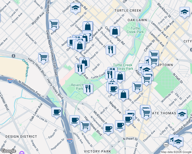 map of restaurants, bars, coffee shops, grocery stores, and more near Turtle Creek Blvd & Fairmount St in Dallas