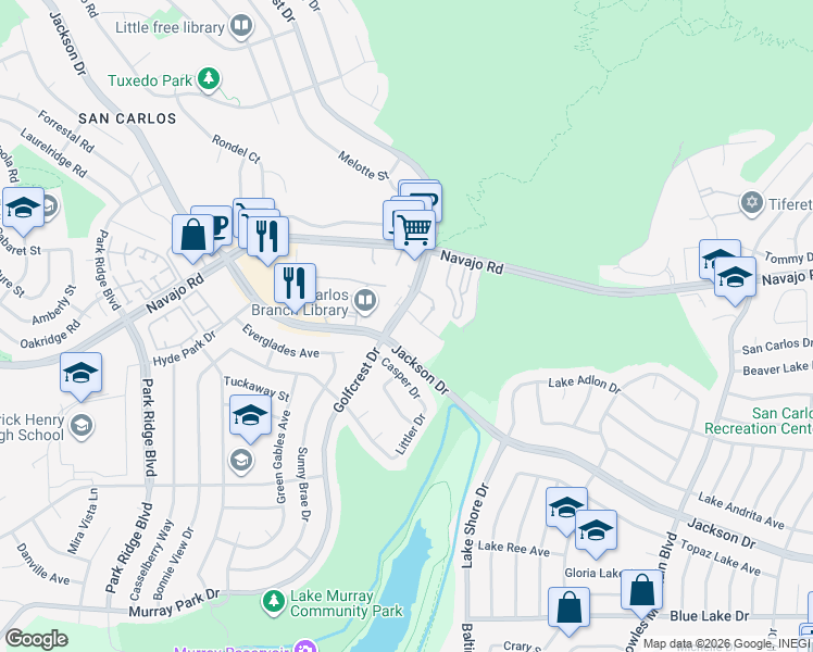 map of restaurants, bars, coffee shops, grocery stores, and more near 6867 Golfcrest Drive in San Diego