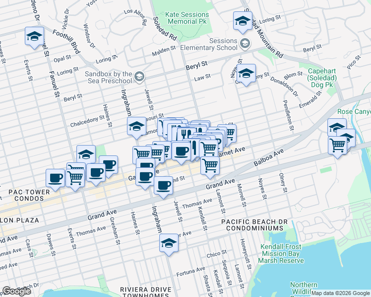 map of restaurants, bars, coffee shops, grocery stores, and more near 1775 Diamond Street in San Diego