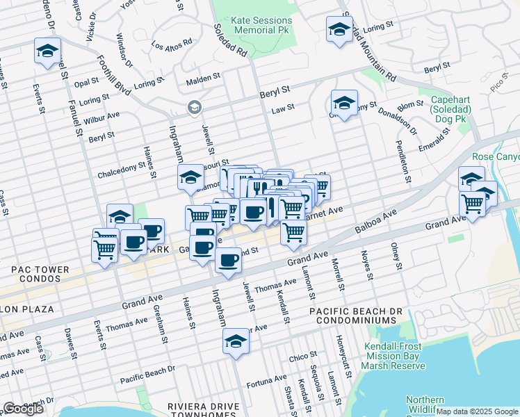 map of restaurants, bars, coffee shops, grocery stores, and more near 4600 Lamont Street in San Diego