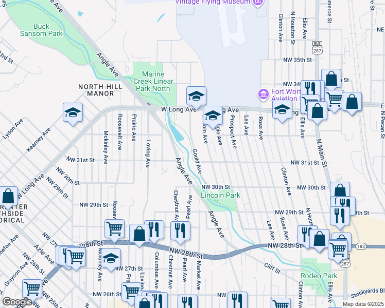 map of restaurants, bars, coffee shops, grocery stores, and more near 3100 Pearl Avenue in Fort Worth