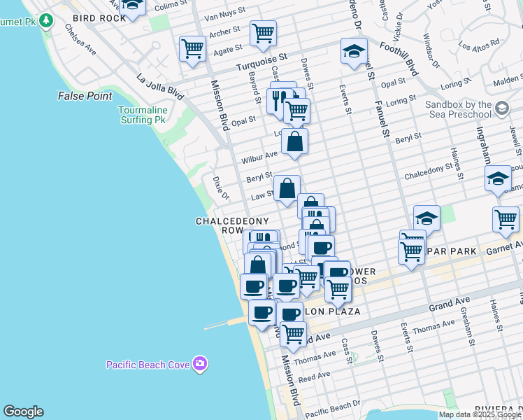 map of restaurants, bars, coffee shops, grocery stores, and more near 819 Law Street in San Diego