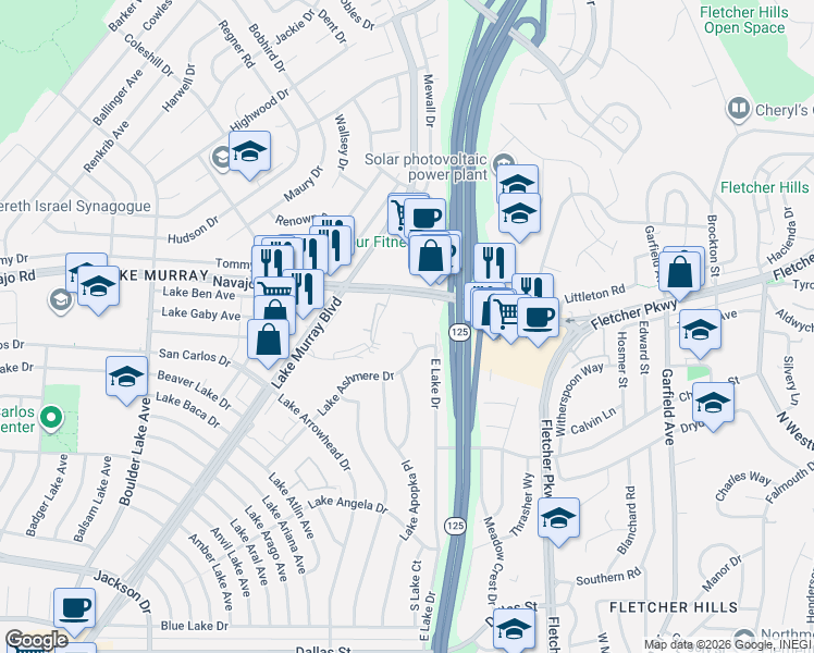 map of restaurants, bars, coffee shops, grocery stores, and more near 6551 Lake Ashmere Court in San Diego