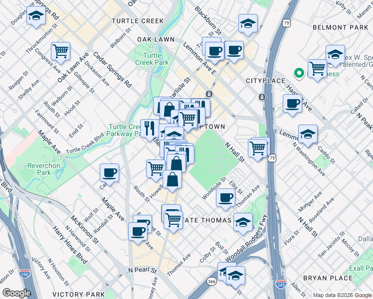 map of restaurants, bars, coffee shops, grocery stores, and more near in Dallas