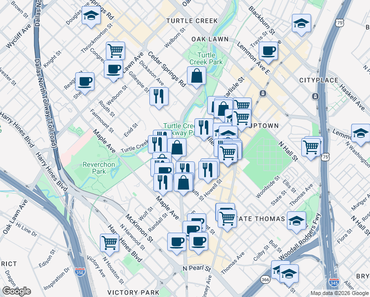 map of restaurants, bars, coffee shops, grocery stores, and more near 2728 Cedar Springs Road in Dallas