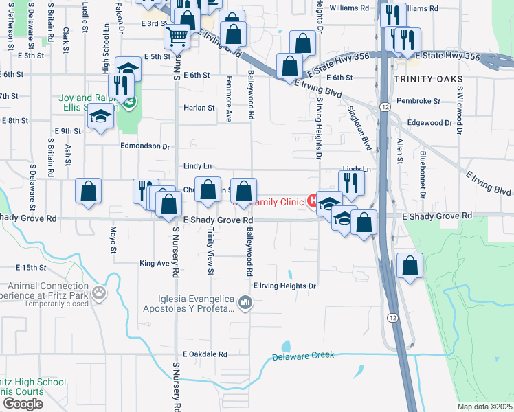 map of restaurants, bars, coffee shops, grocery stores, and more near 1113 Balleywood Road in Irving