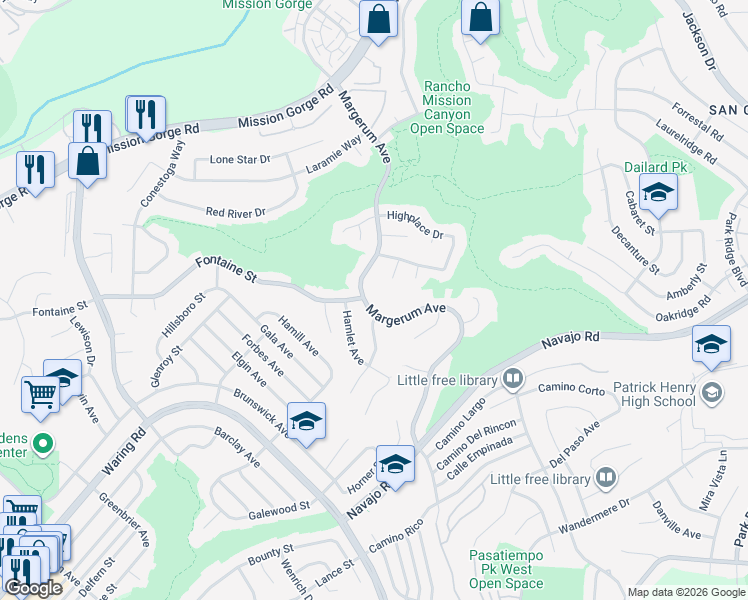 map of restaurants, bars, coffee shops, grocery stores, and more near 7427 Margerum Avenue in San Diego