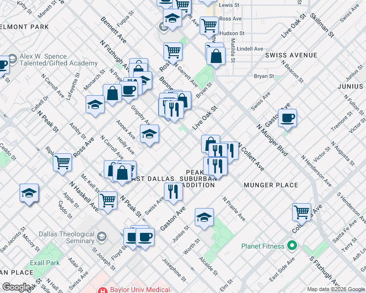 map of restaurants, bars, coffee shops, grocery stores, and more near 4776 Asher Place in Dallas
