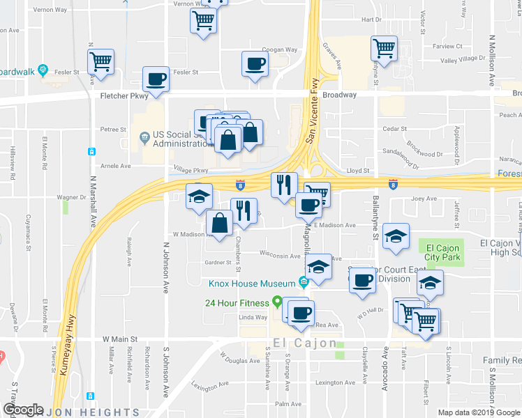 map of restaurants, bars, coffee shops, grocery stores, and more near 356 Compton Street in El Cajon