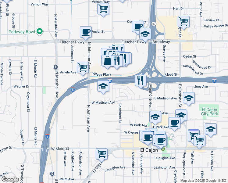 map of restaurants, bars, coffee shops, grocery stores, and more near 599 Chambers Street in El Cajon