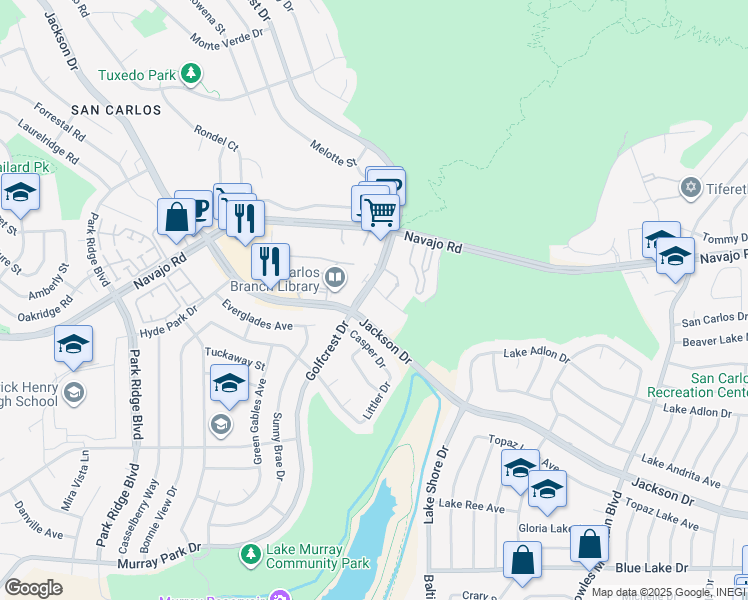 map of restaurants, bars, coffee shops, grocery stores, and more near 6867 Golfcrest Drive in San Diego