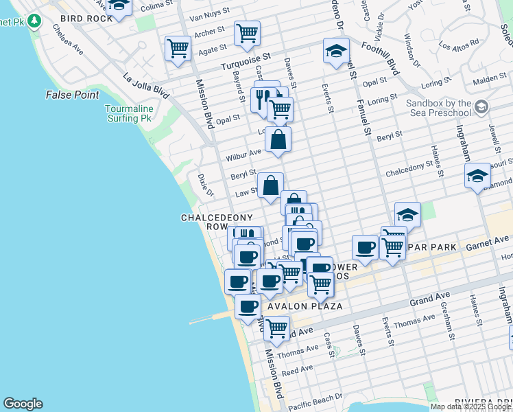 map of restaurants, bars, coffee shops, grocery stores, and more near 4815 Bayard Street in San Diego