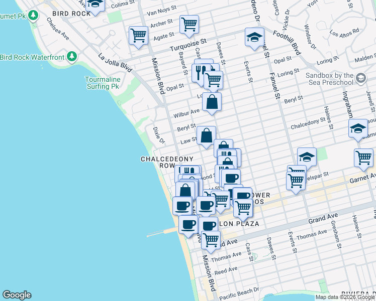 map of restaurants, bars, coffee shops, grocery stores, and more near 819 Law Street in San Diego