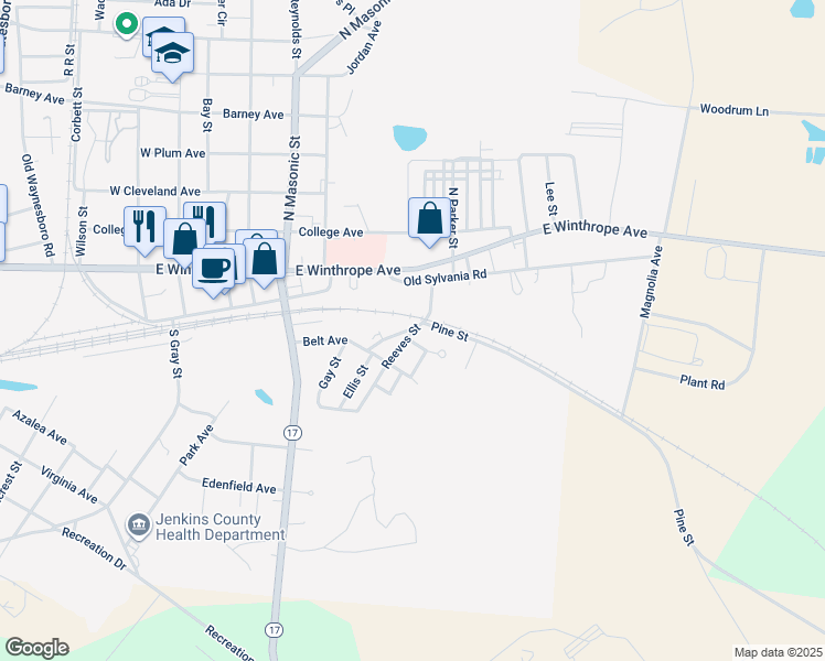 map of restaurants, bars, coffee shops, grocery stores, and more near 1107 A Street in Millen