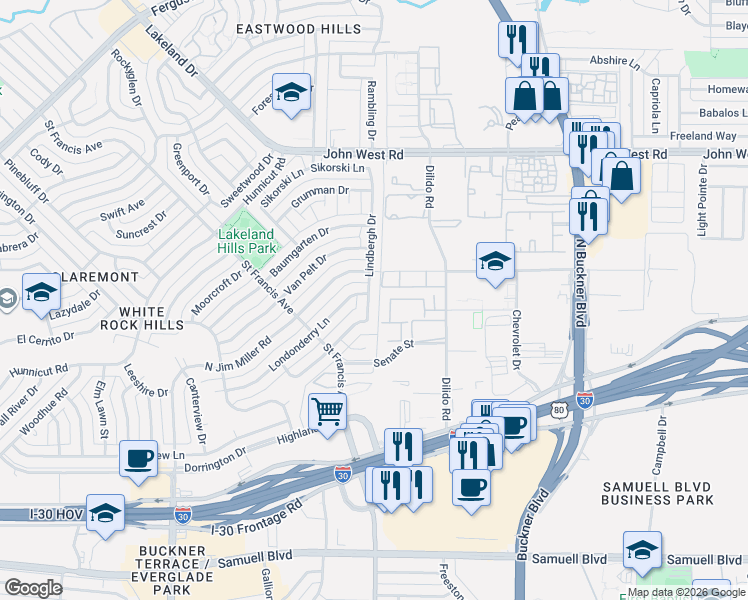 map of restaurants, bars, coffee shops, grocery stores, and more near 3108 Lindbergh Drive in Dallas