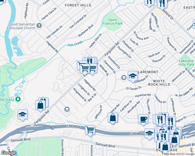 map of restaurants, bars, coffee shops, grocery stores, and more near 2359 Highland Road in Dallas