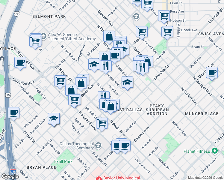 map of restaurants, bars, coffee shops, grocery stores, and more near 1519 Holly Avenue in Dallas