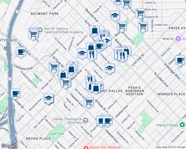map of restaurants, bars, coffee shops, grocery stores, and more near 1519 Holly Avenue in Dallas