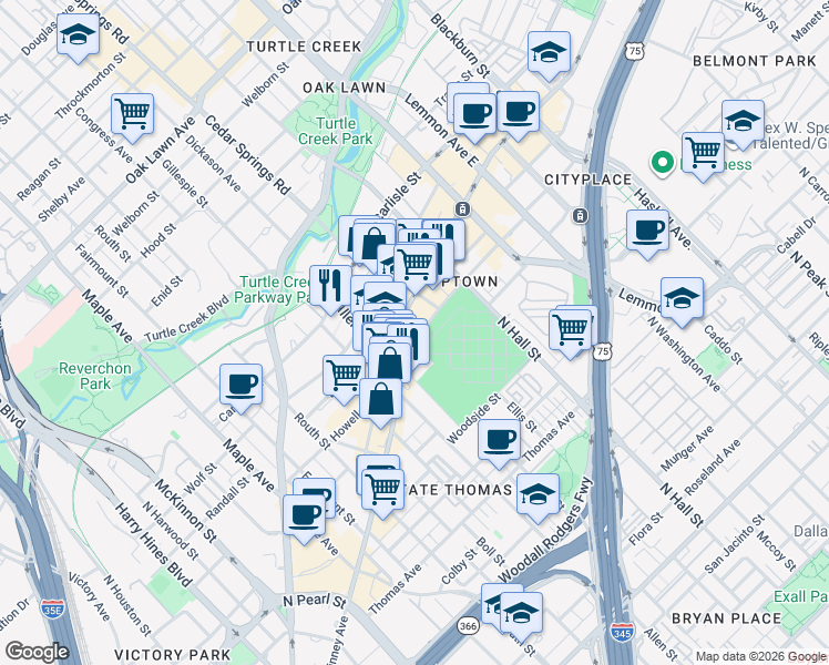 map of restaurants, bars, coffee shops, grocery stores, and more near in Dallas