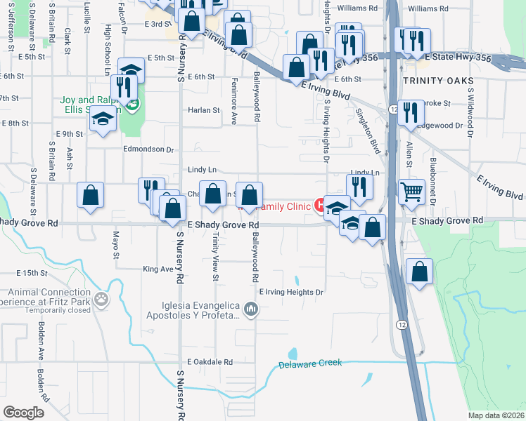 map of restaurants, bars, coffee shops, grocery stores, and more near 1113 Balleywood Road in Irving