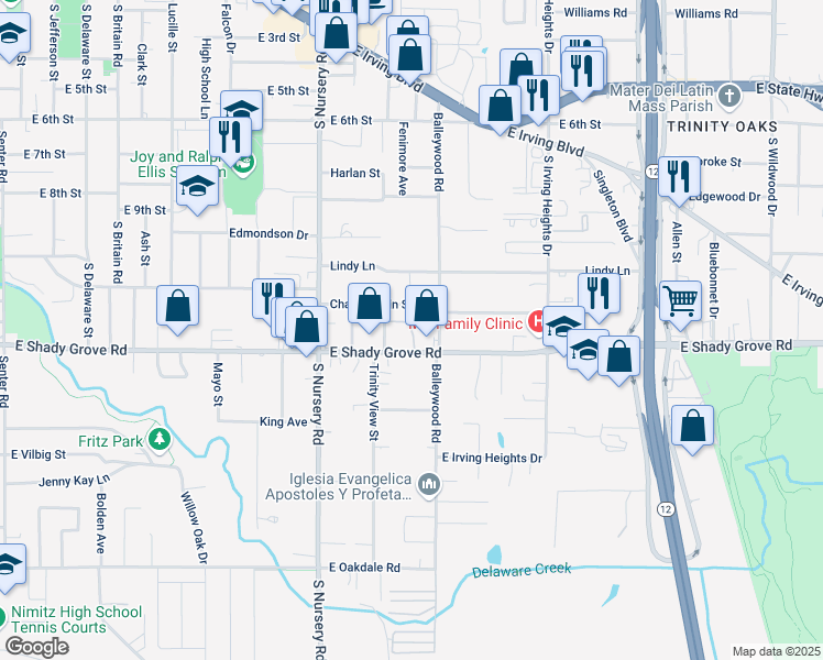 map of restaurants, bars, coffee shops, grocery stores, and more near 1313 East Shady Grove Road in Irving