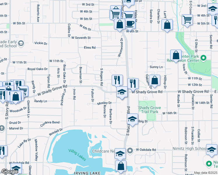 map of restaurants, bars, coffee shops, grocery stores, and more near 1407 West Shady Grove Road in Irving
