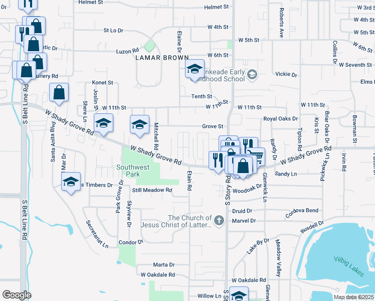 map of restaurants, bars, coffee shops, grocery stores, and more near 1121 Parkrow Place in Irving