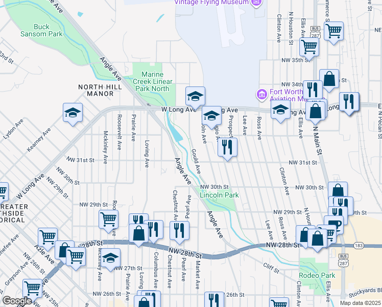 map of restaurants, bars, coffee shops, grocery stores, and more near 3100 Pearl Avenue in Fort Worth
