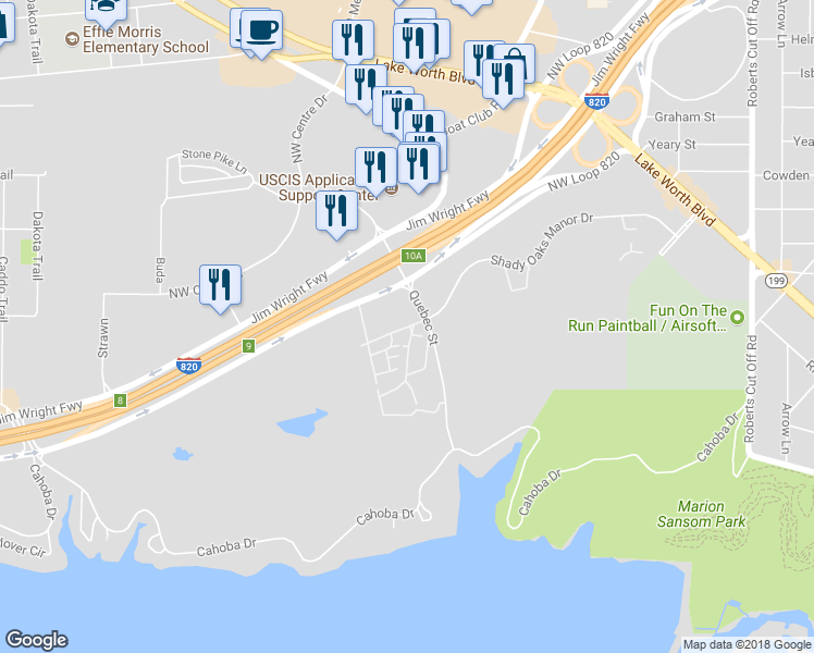 map of restaurants, bars, coffee shops, grocery stores, and more near 6556 Shady Oaks Manor Drive in Fort Worth
