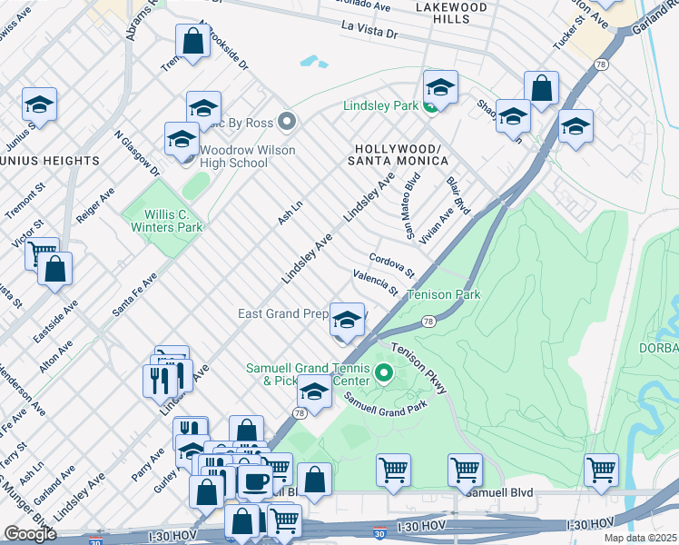 map of restaurants, bars, coffee shops, grocery stores, and more near 911 Valencia Street in Dallas