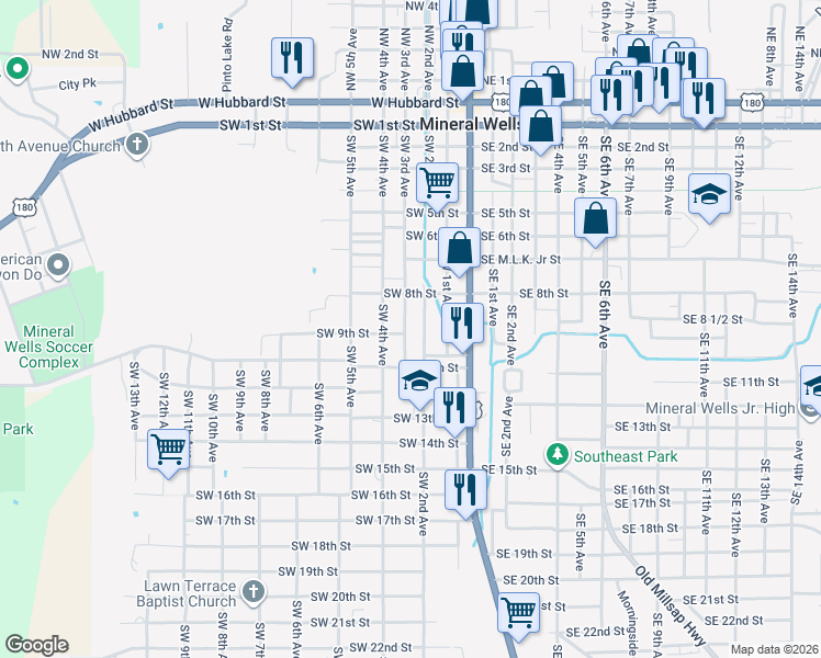 map of restaurants, bars, coffee shops, grocery stores, and more near 912 Southwest 2nd Avenue in Mineral Wells