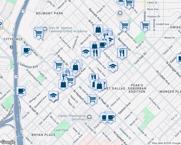 map of restaurants, bars, coffee shops, grocery stores, and more near 4415 San Jacinto Street in Dallas