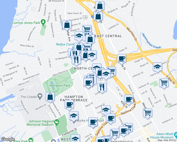 map of restaurants, bars, coffee shops, grocery stores, and more near 16 Cleveland Street in Charleston