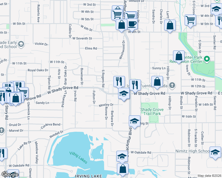 map of restaurants, bars, coffee shops, grocery stores, and more near 1411 West Shady Grove Road in Irving