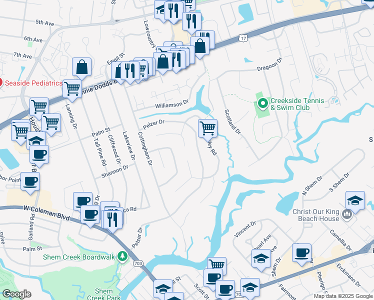 map of restaurants, bars, coffee shops, grocery stores, and more near 903 Trowman Lane in Mount Pleasant