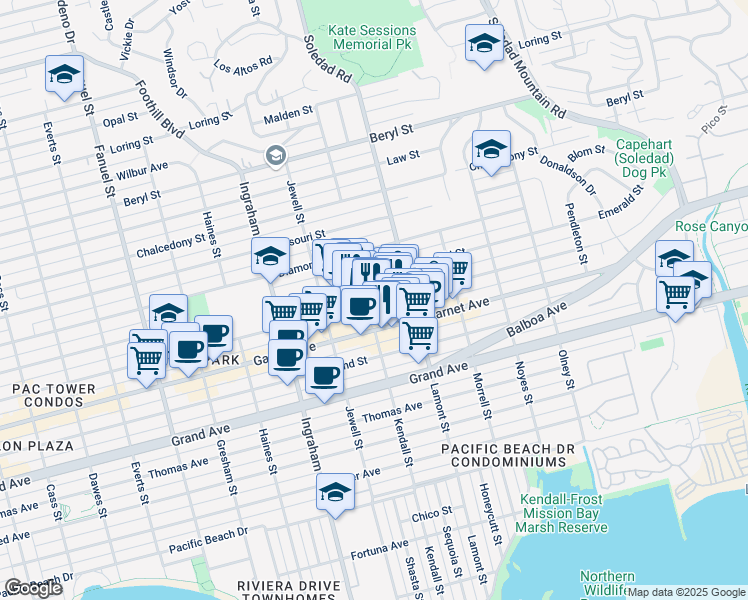 map of restaurants, bars, coffee shops, grocery stores, and more near in San Diego