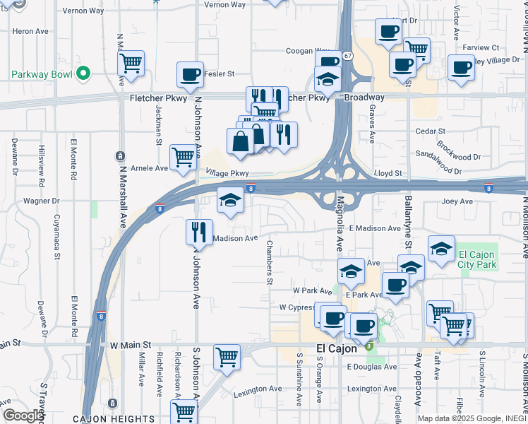 map of restaurants, bars, coffee shops, grocery stores, and more near 583 Chambers Street in El Cajon