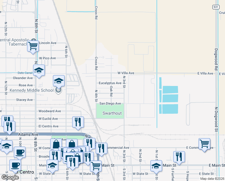 map of restaurants, bars, coffee shops, grocery stores, and more near 1004 Oak Rd in El Centro