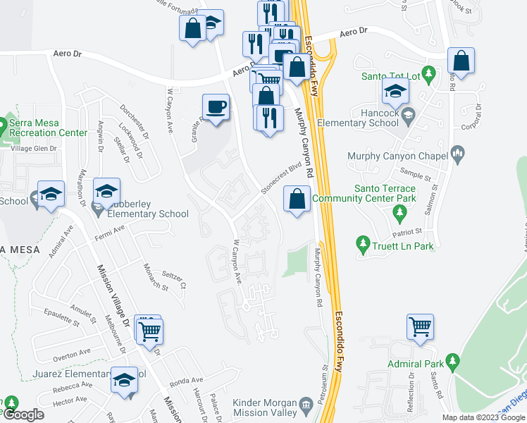 map of restaurants, bars, coffee shops, grocery stores, and more near 9683 Stonecrest Boulevard in San Diego