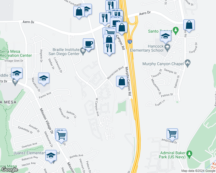 map of restaurants, bars, coffee shops, grocery stores, and more near 9701 Stonecrest Boulevard in San Diego
