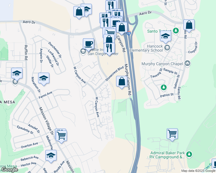 map of restaurants, bars, coffee shops, grocery stores, and more near 9727 Stonecrest Boulevard in San Diego