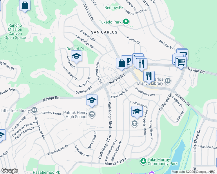 map of restaurants, bars, coffee shops, grocery stores, and more near 7121 Navajo Road in San Diego