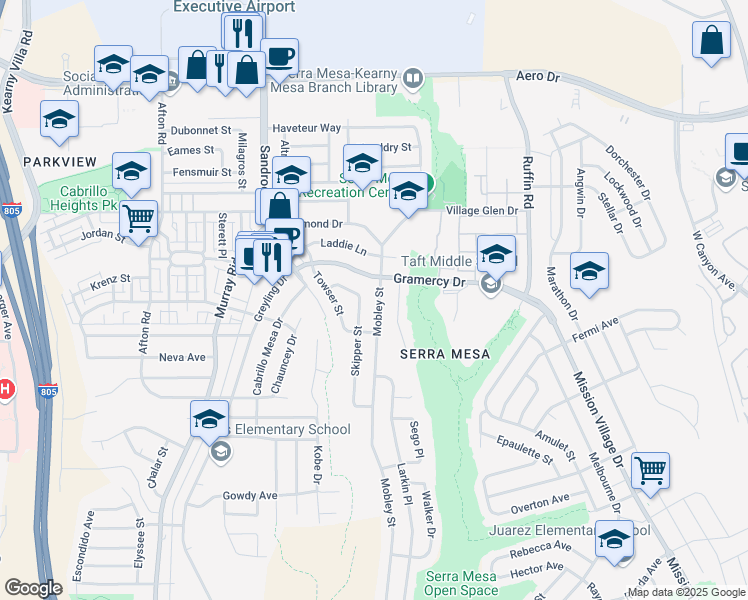 map of restaurants, bars, coffee shops, grocery stores, and more near 3244 Mobley Street in San Diego